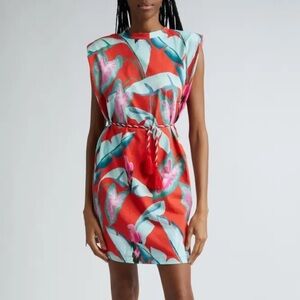 Farm Rio-NWT Red Summer Foliage Mini Sleeveless T-Shirt Dress with Tassel Tie